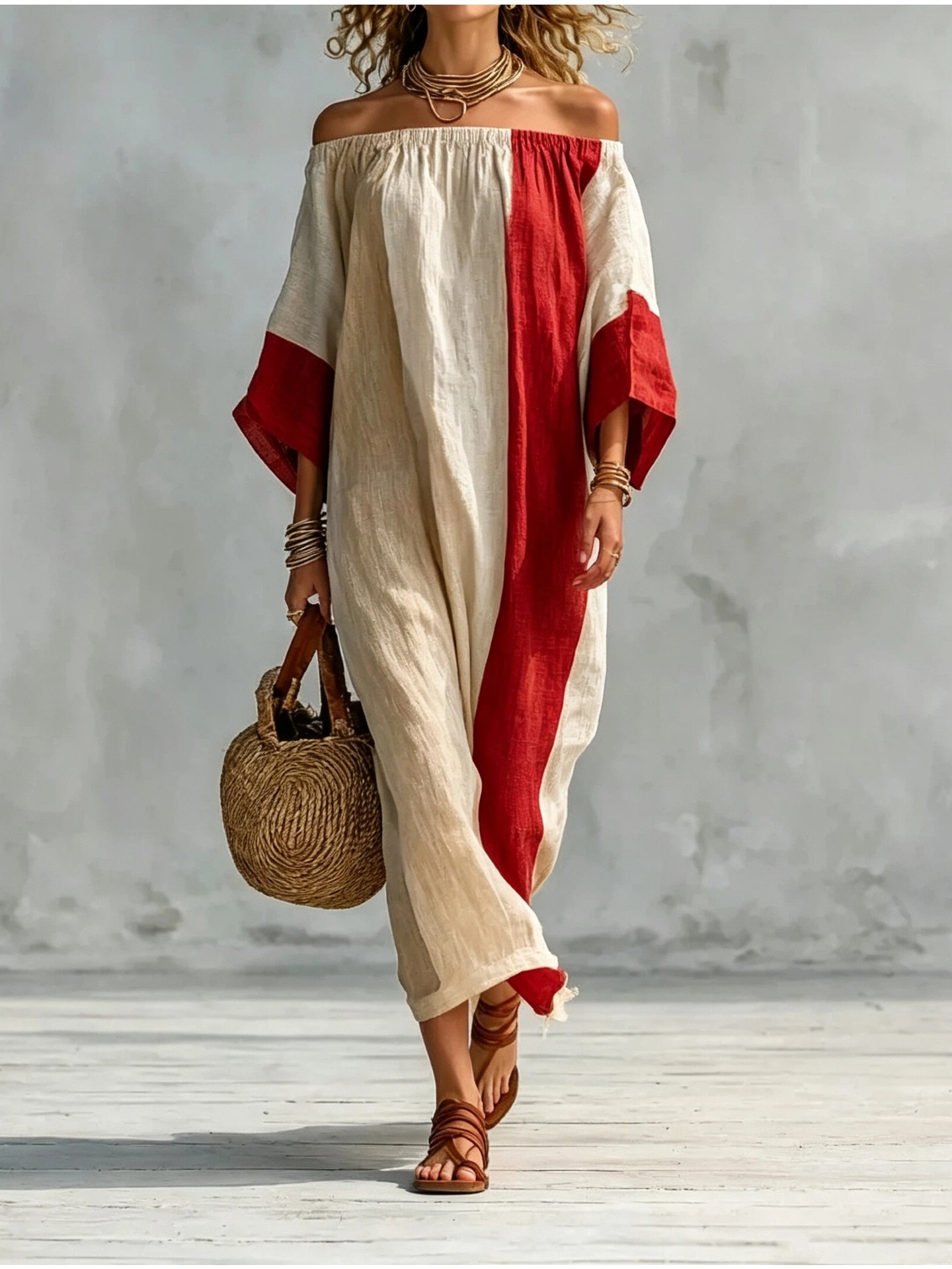 Women's Off-Shoulder Color-Block Long Dress Casual Loose Fit