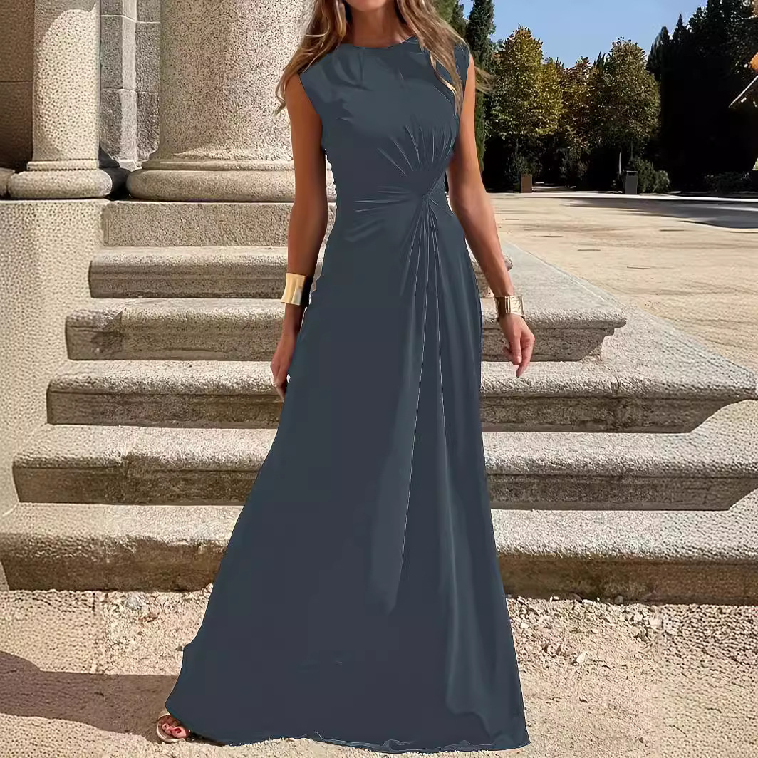 Women's Elegant Round Neck Sleeveless Long Dress Waist-Cinched Commuter