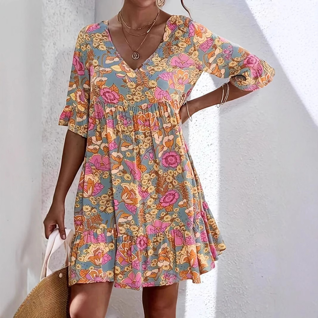 Women's V-Neck Floral Print Boho Dress Short Sleeve High Waist A-Line Orange