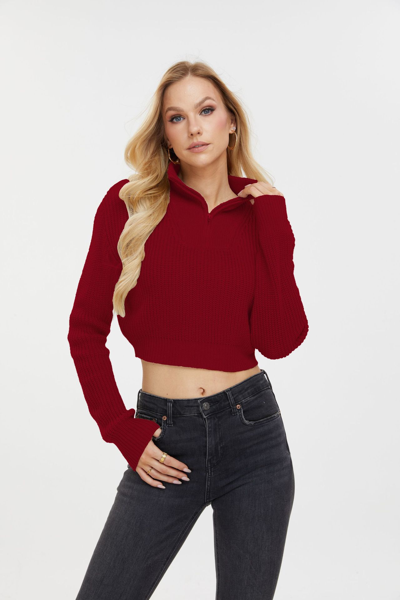 Women's Slim Fit Quarter-Zip V-Neck Sweater