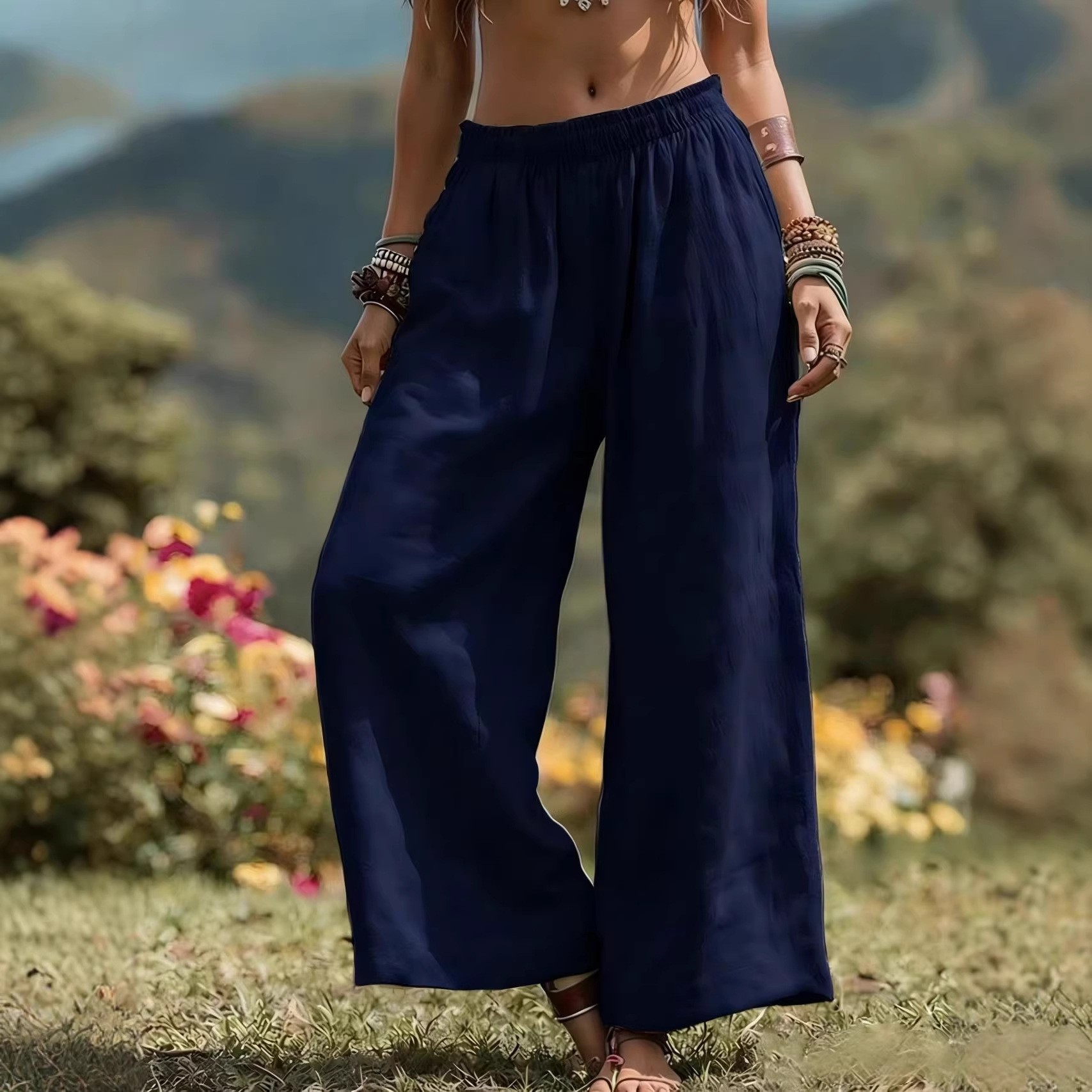 Women's Solid Color Wide-Leg Pants with Side Pockets and Elastic Waist