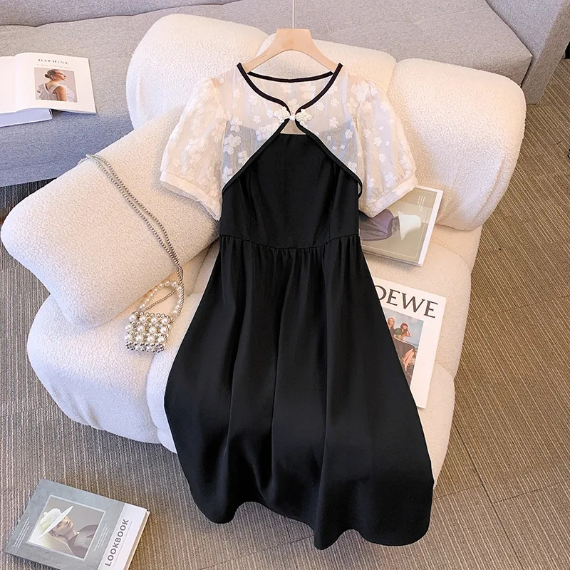 Plus Size Women's Tie-Front A-Line Midi Dress New Chinese Style V-Neck Short Sleeve Black