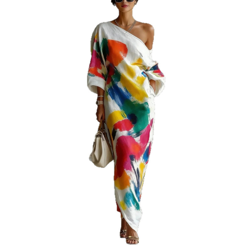 Women's Printed Plus Size French-Style Midi Dress with Asymmetrical Neckline