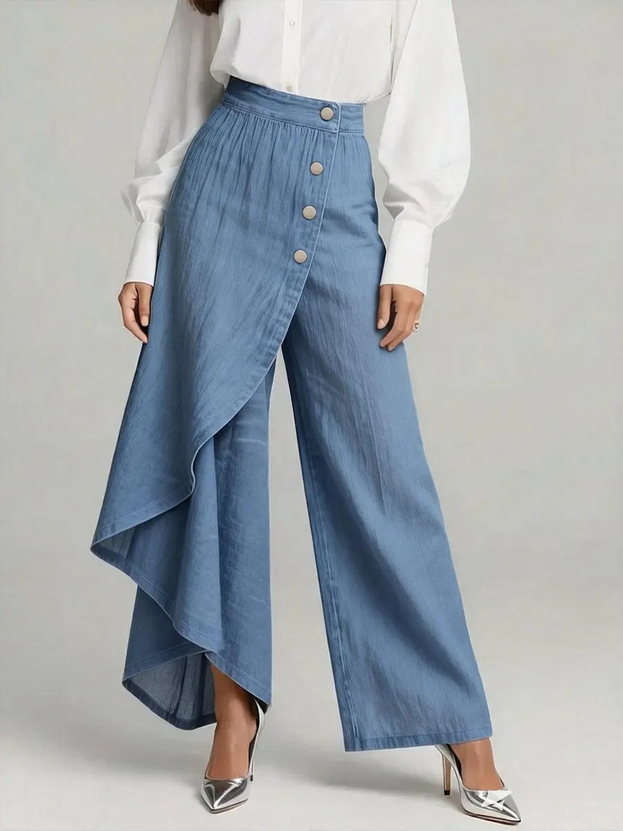 Women's Wide-Leg Faux Denim Print Pants with Button Fly