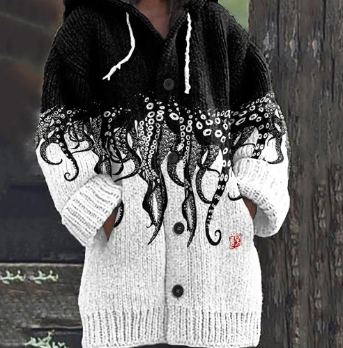 Women's Boho Print Hooded Button Cardigan Sweater