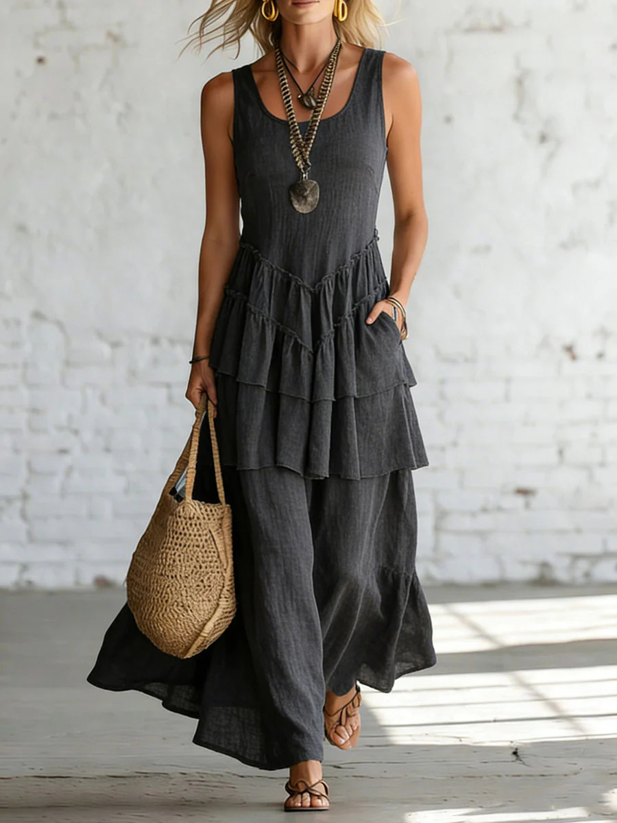 Women's Sleeveless Cotton Linen Dress with Flared Skirt