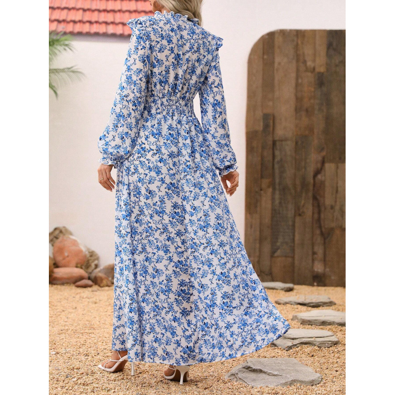 Floral Print Long Sleeve A-Line Maxi Dress with High Waist