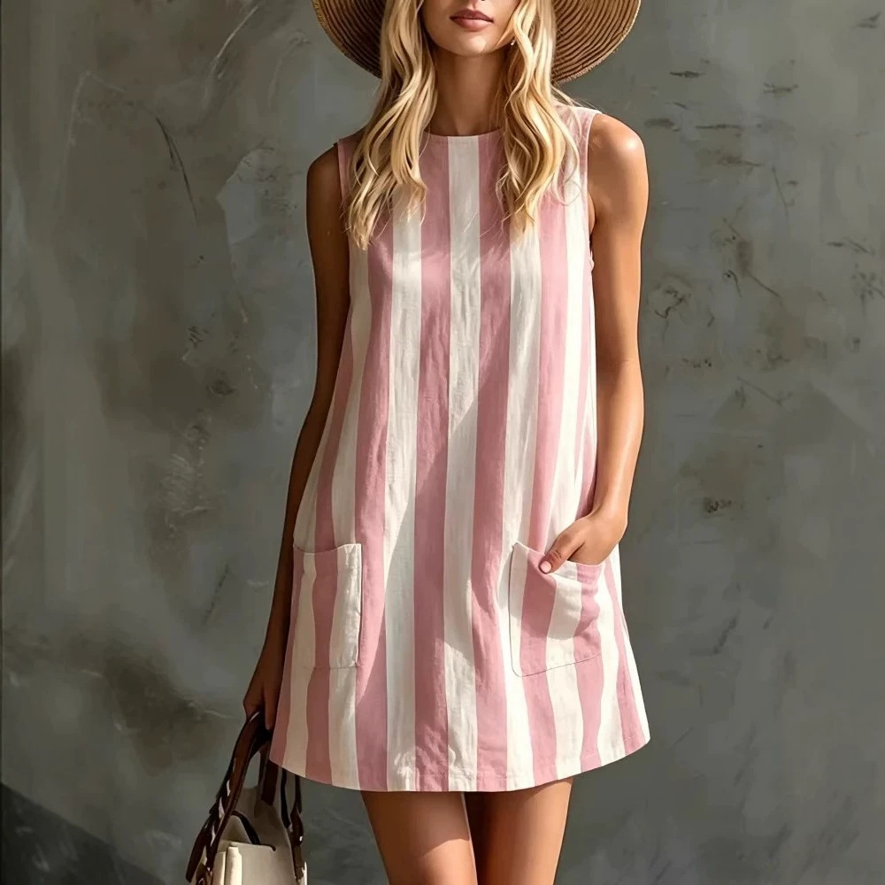 Red and White Vertical Striped Sleeveless Round Neck Straight Short Dress with Pockets