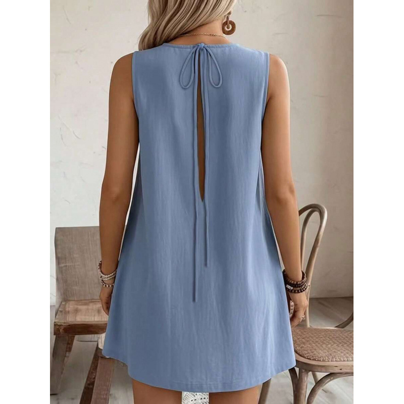 Women's Sleeveless Round Neck Ruffle Trim Midi Dress Solid Casual