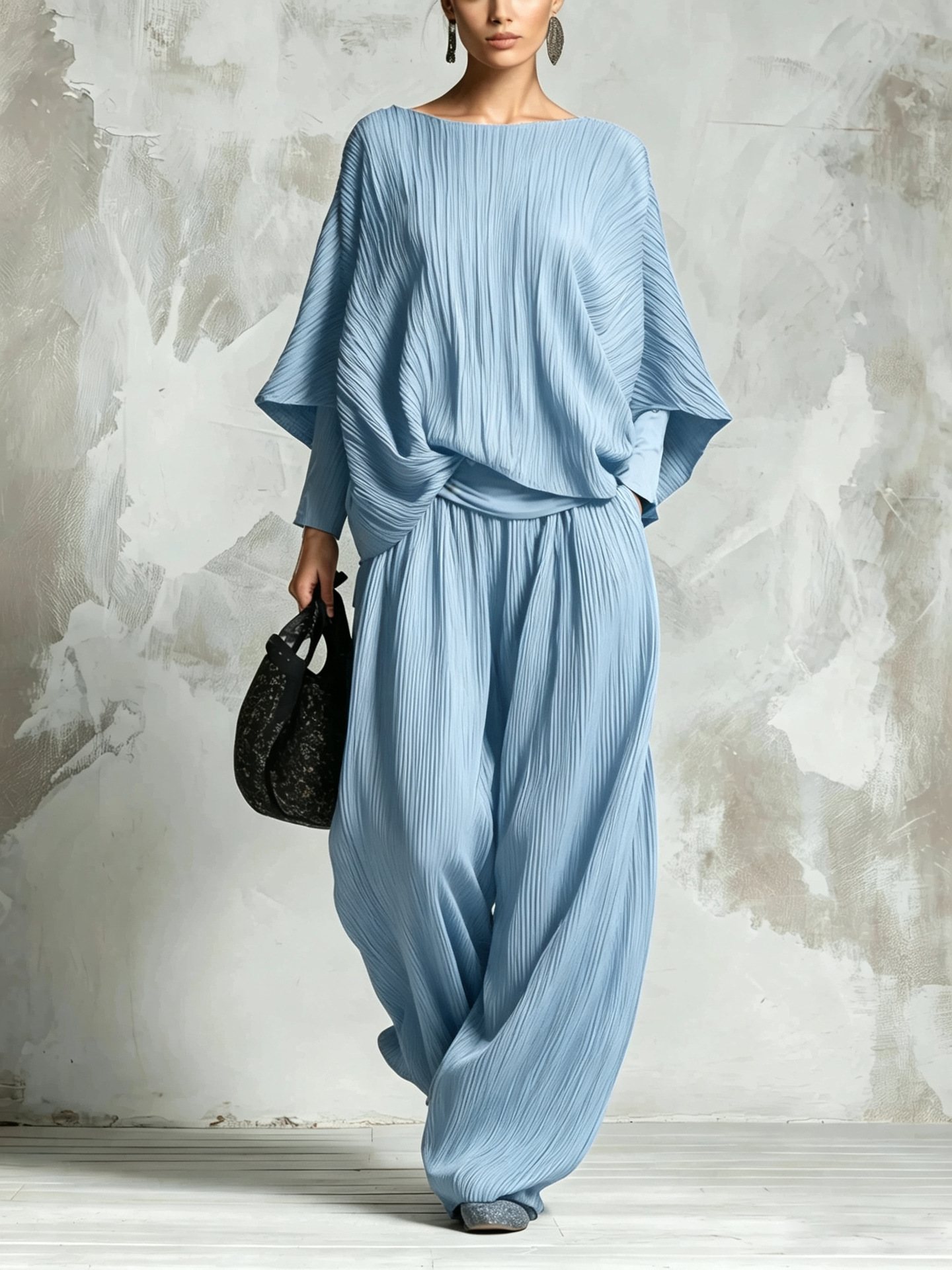 Ruched Batwing Sleeve Top & Wide-Leg Pants Two-Piece Lounge Set