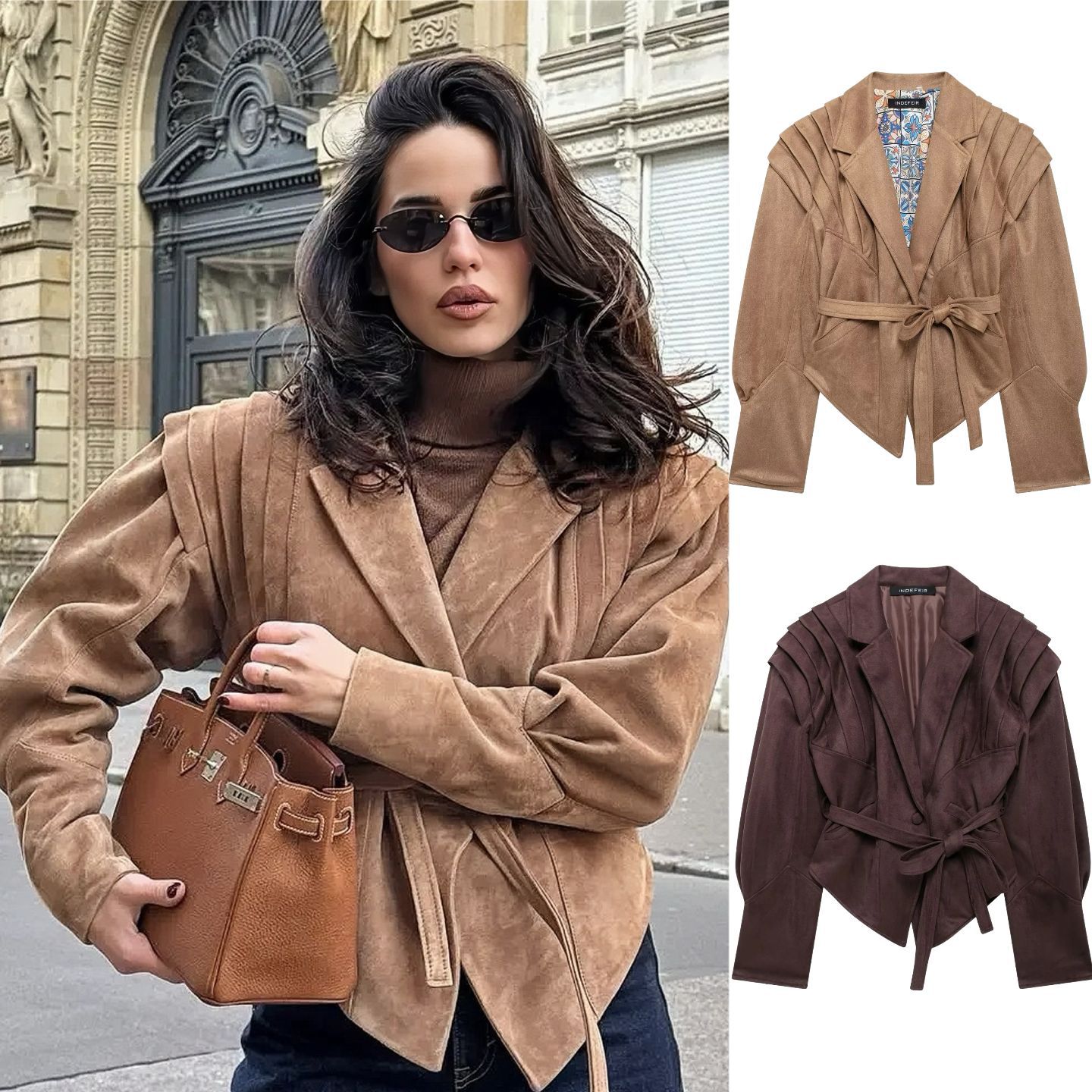 Women's Faux Suede Zip-Up Jacket with Waist Tie and Padded Shoulders