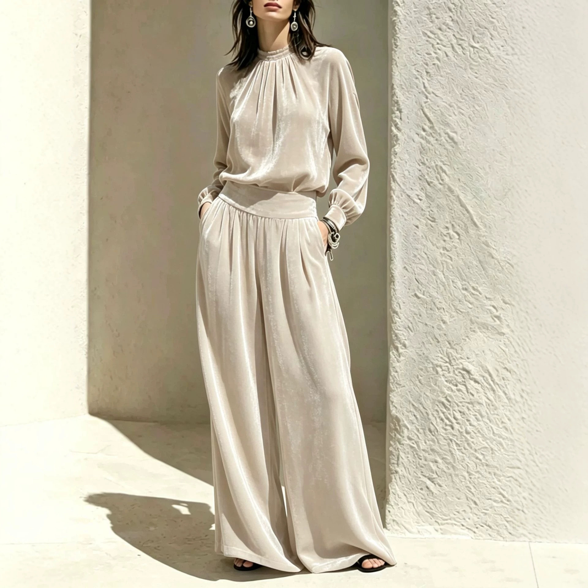 Wide-Leg Velvet Two-Piece Set with Long-Sleeve Top
