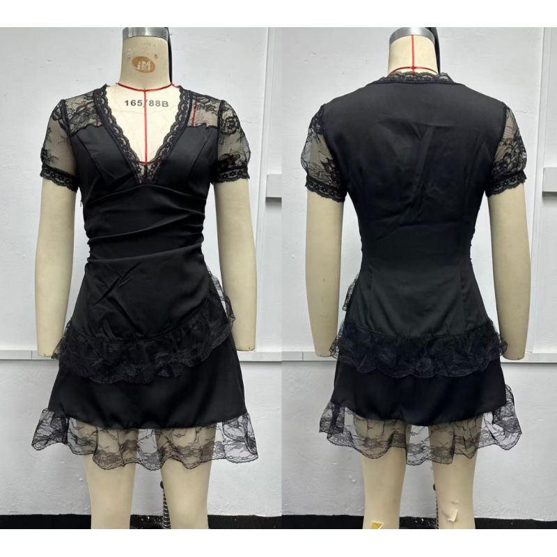 Black Asymmetric Ruffle Lace Puff Sleeve Deep V Slimming Short Dress