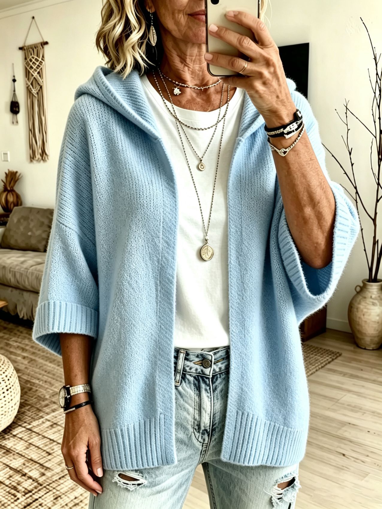 Women's 3/4 Sleeve Hooded Open-Front Knit Cardigan Solid Color Plus Size