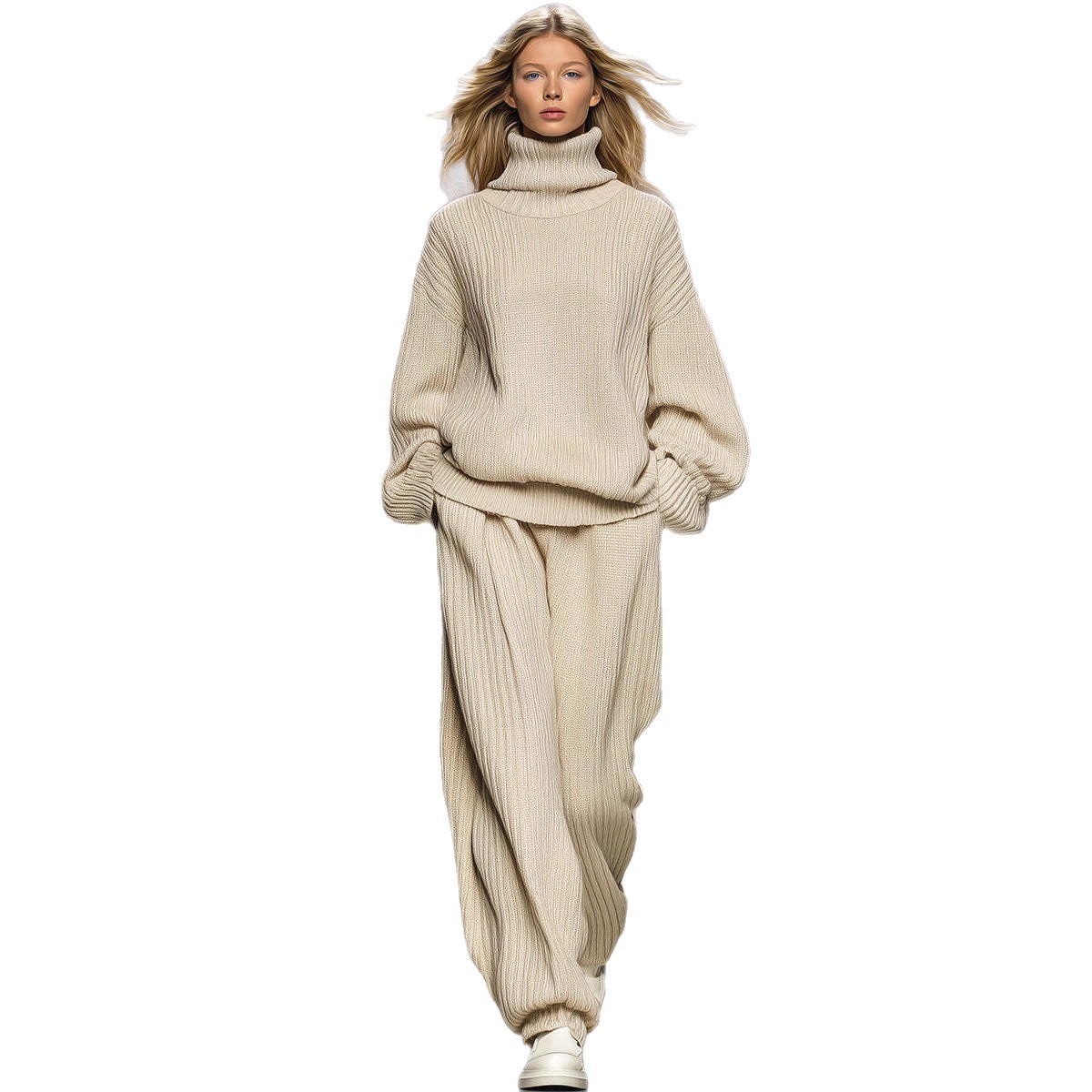 Women's Casual Knit Turtleneck Wide-Leg Pants Set