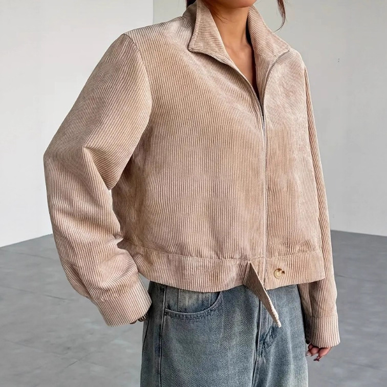 Corduroy Women's Jacket with Drop Shoulder and Lapel Collar