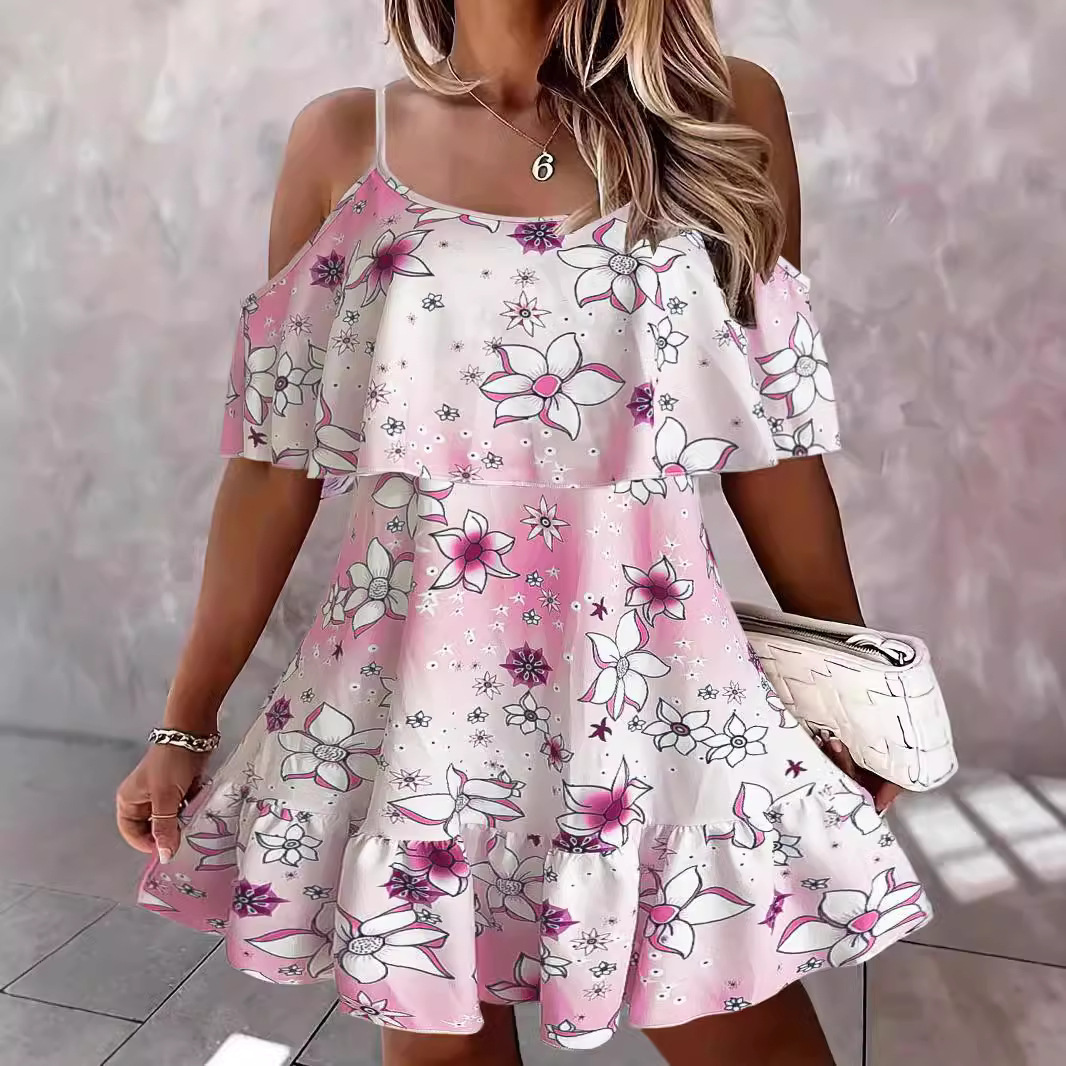 Bohemian Floral Print Cold-Shoulder Ruffle Cami Dress