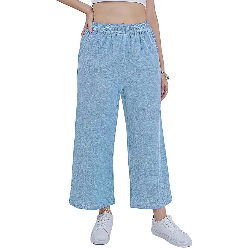 Women's Cotton-Linen Wide-Leg Capri Pants High-Waist Loose Casual