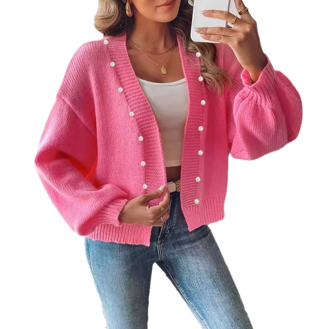 Women's Cropped Pearl Beaded Cardigan Sweater Coat