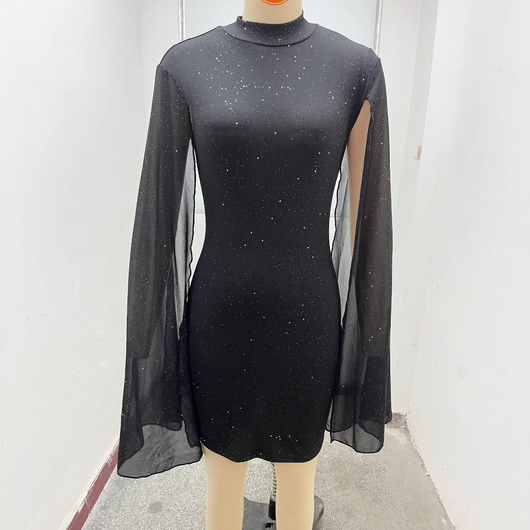 Women's Ribbed Pearl Chiffon Cape Bodycon Dress