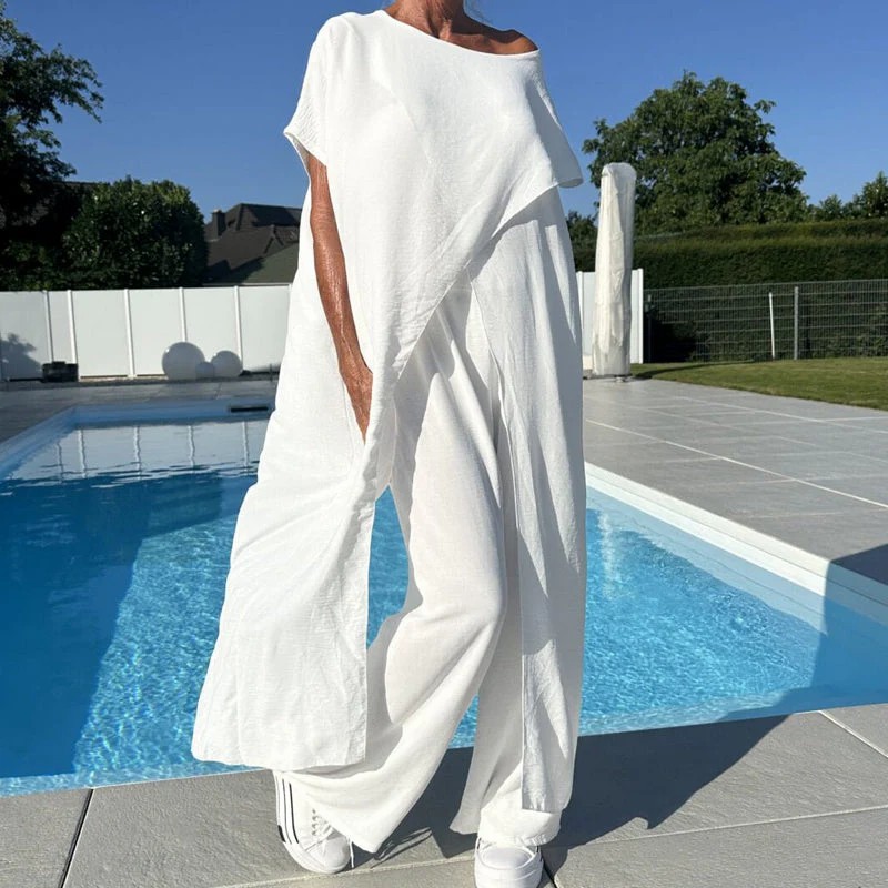 Casual Irregular Solid Color Long Short-Sleeve Top and Loose Pants Cotton-Linen Set