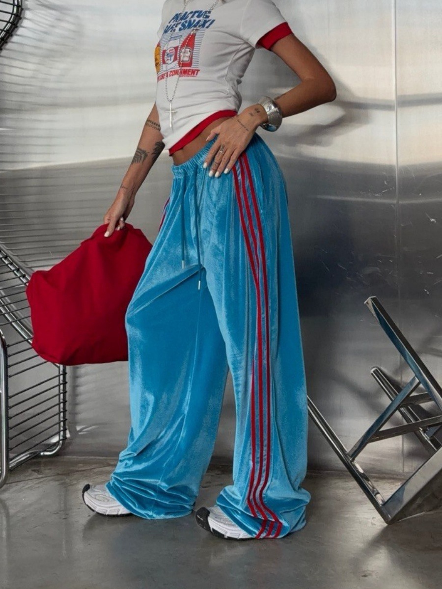 Velvet Side-Stripe Wide-Leg Drawstring Sweatpants
