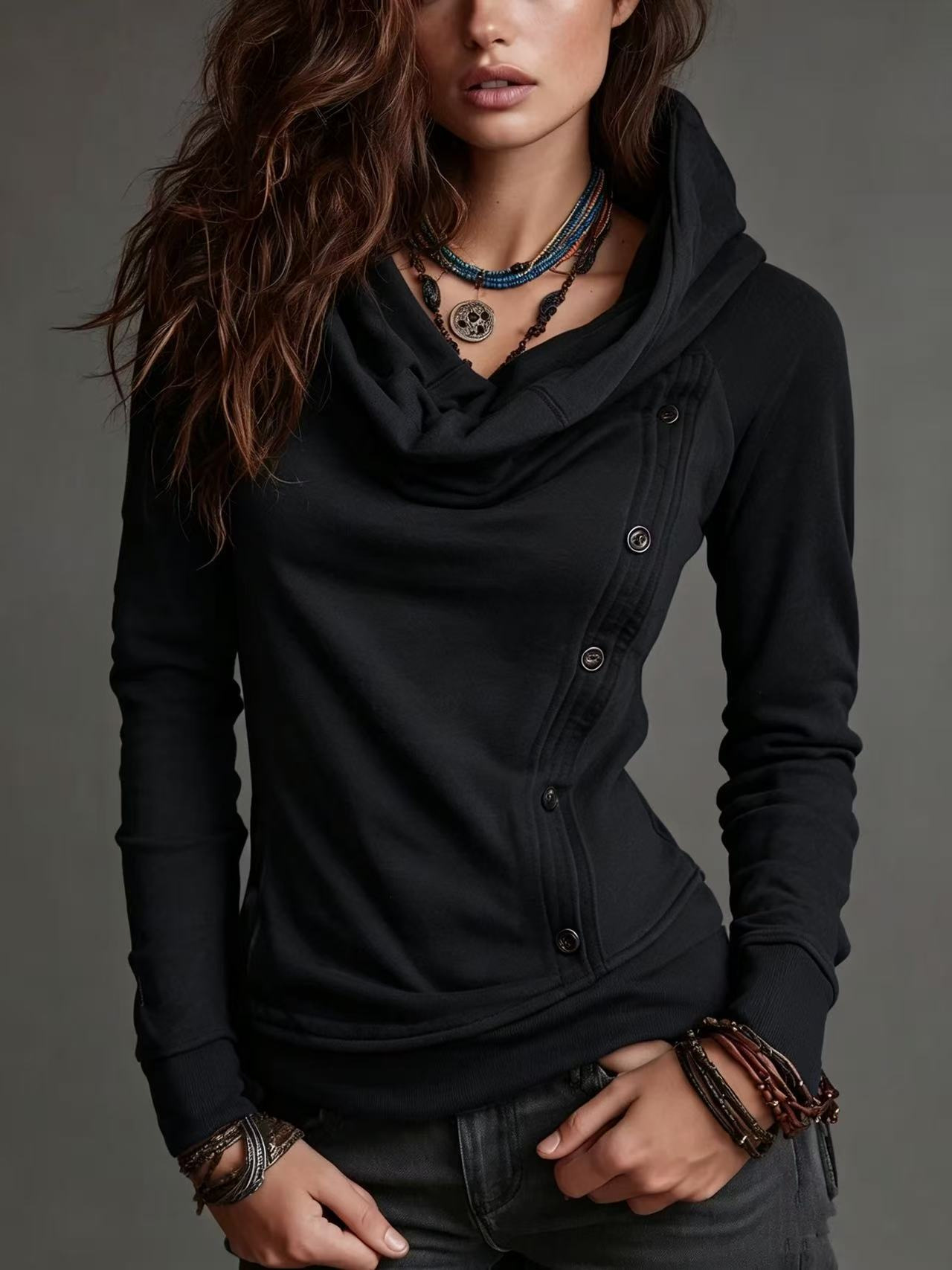 Retro High Neck Hooded Button Pullover Sweatshirt for Women
