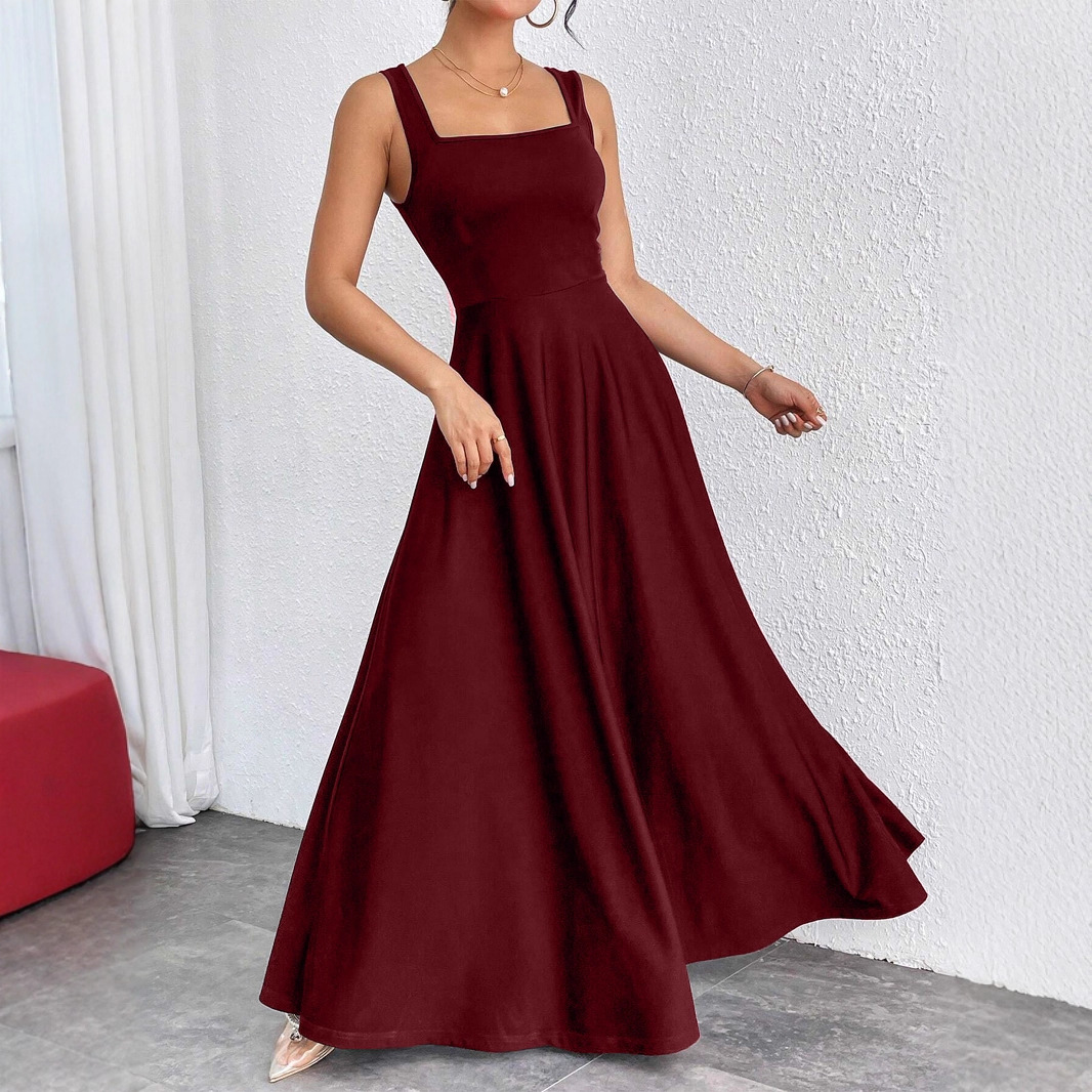 Elegant Square Neck Sleeveless Solid Color Maxi Dress