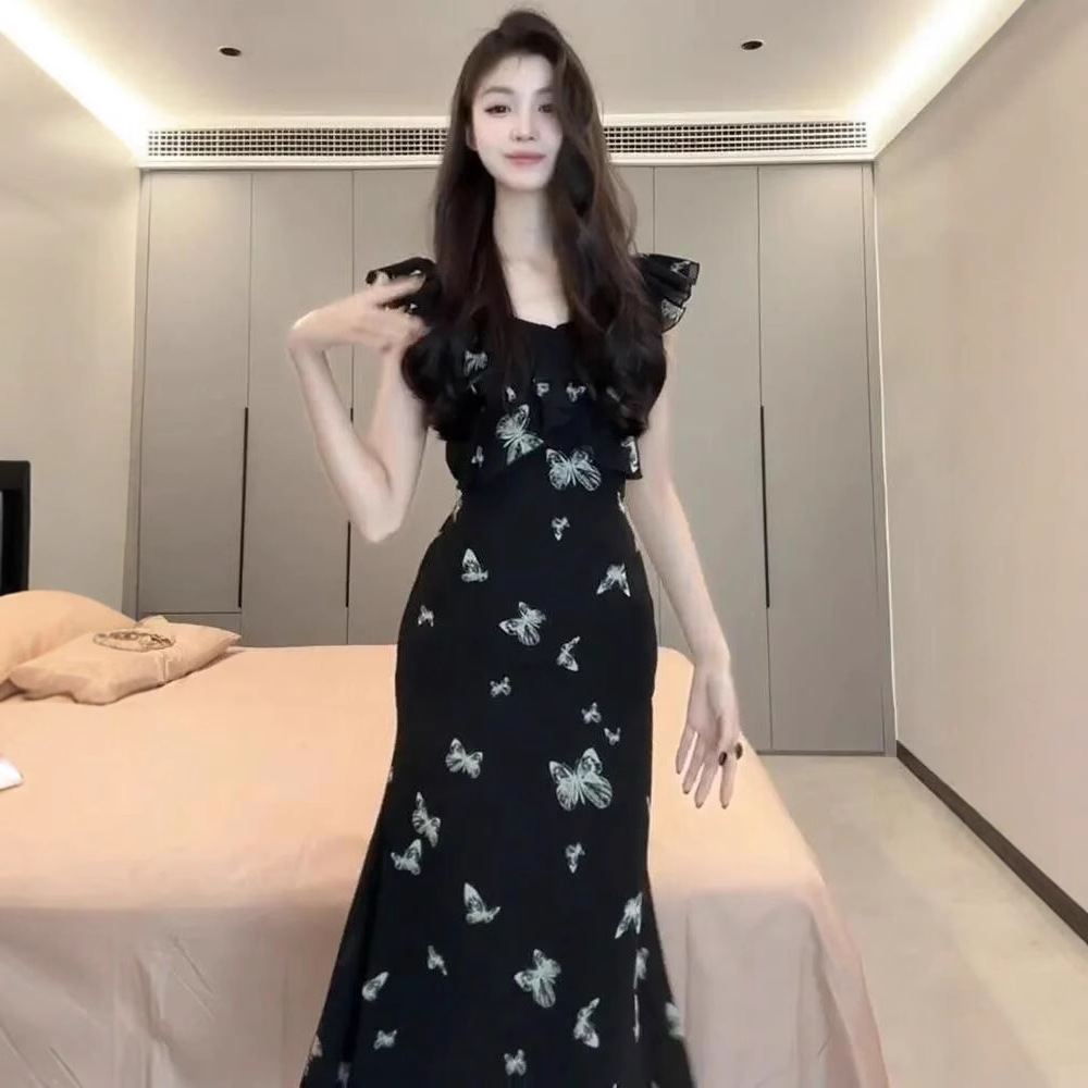 French Floral Midi Dress with Ruffle Sleeves Black