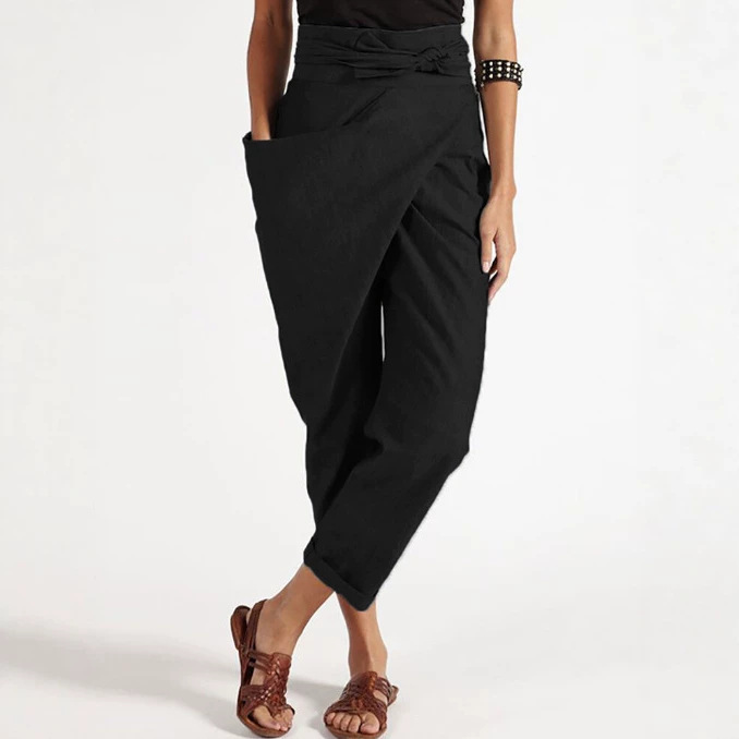 Women's Irregular Tie-Waist Cropped Pants Casual Straight-Leg High-Waist