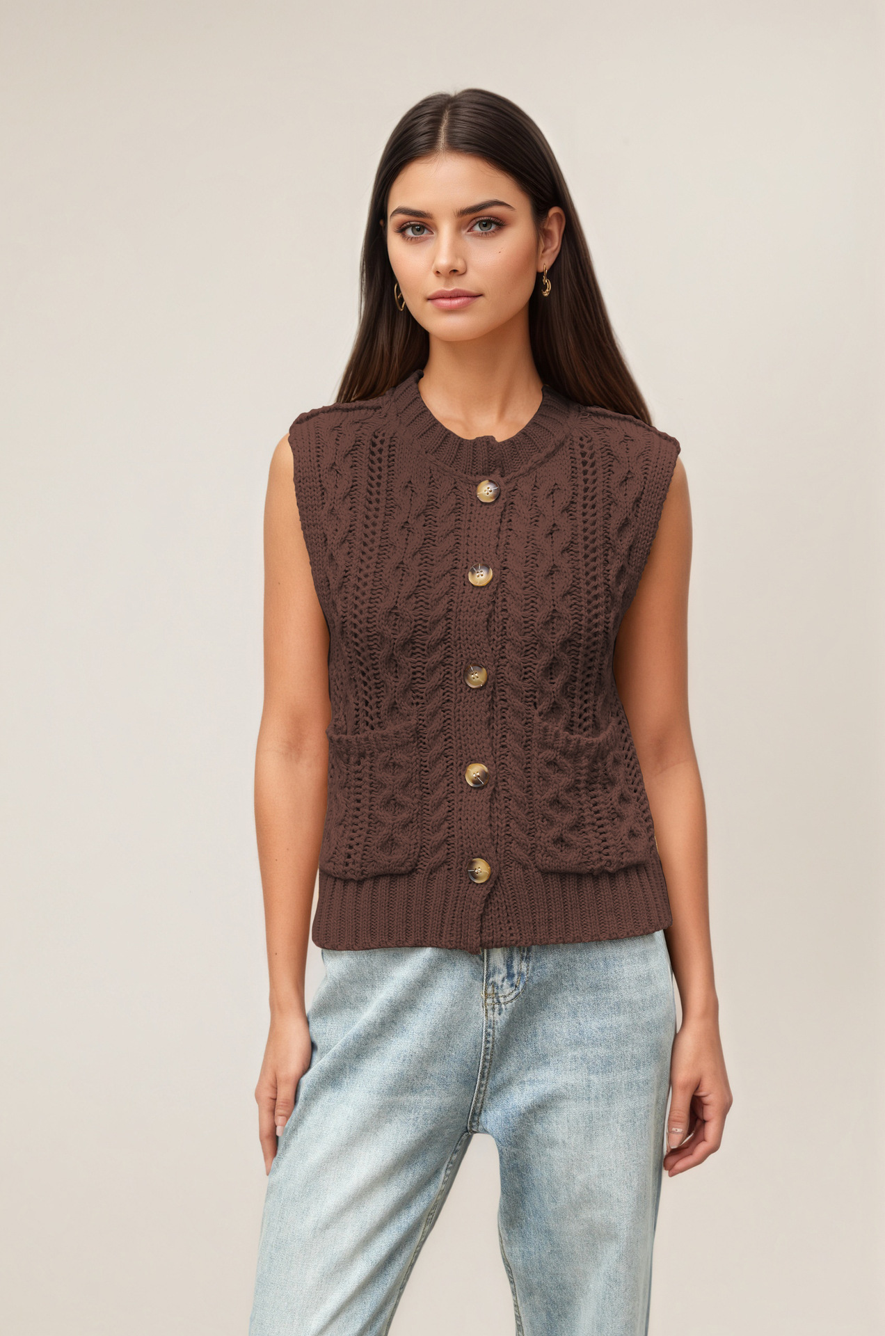Women's Sleeveless Round Neck Pocket Knit Cardigan Vest