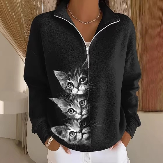 Cat & Moon Print Half-Zip Hoodie for Women