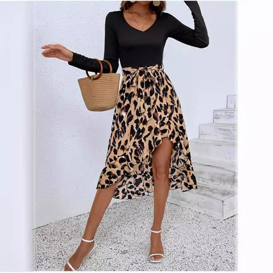 Women's Patchwork Print Asymmetric Ruffle Long Sleeve Dress