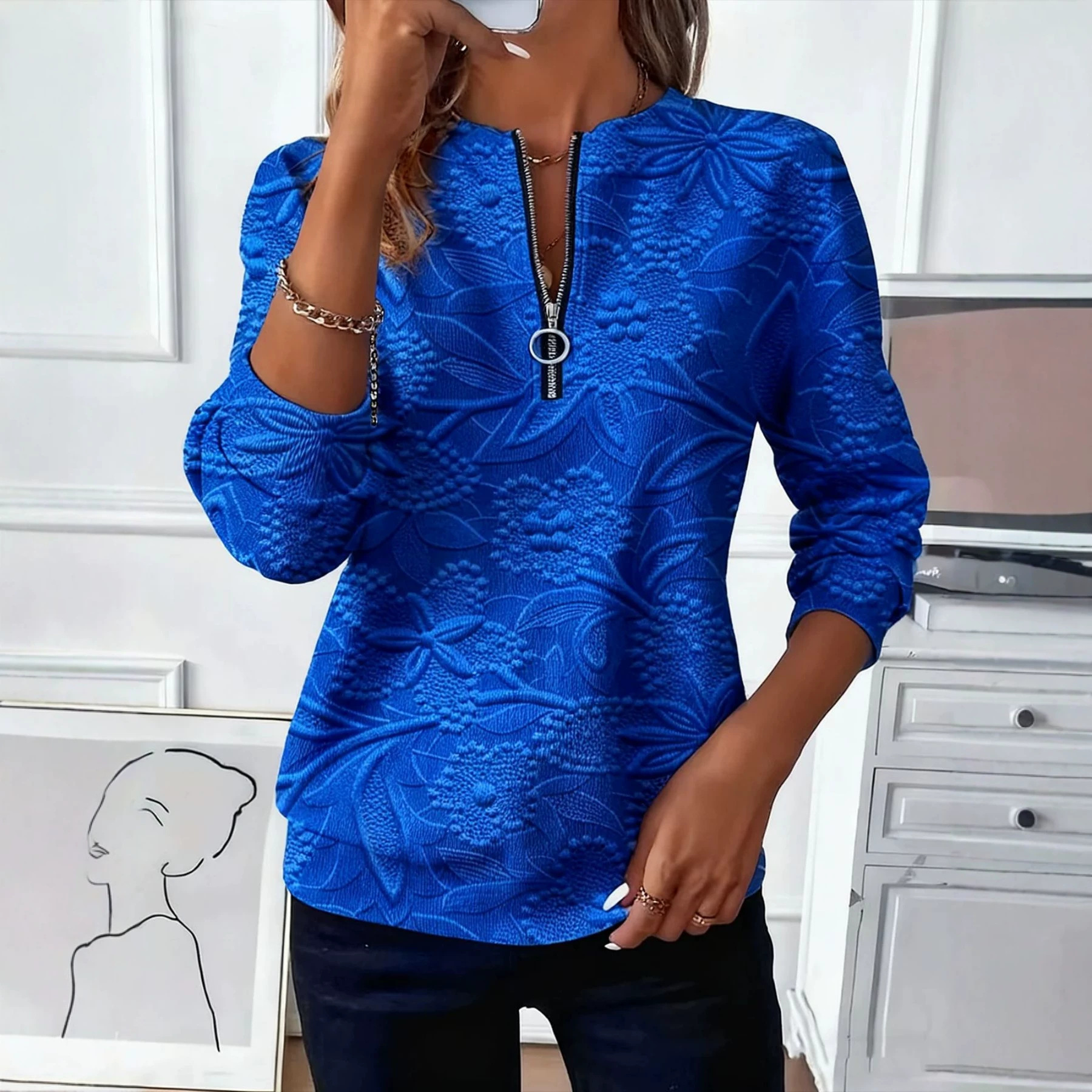 Retro Leaf Floral Print Half-Zip Hoodie for Women