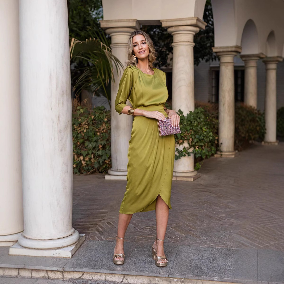 Women's Solid Color Silk-Blend Midi Dress with Tie Detail