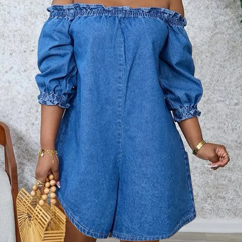 Slim-Fit Elegant Solid Lace-Trim Denim Romper Dress