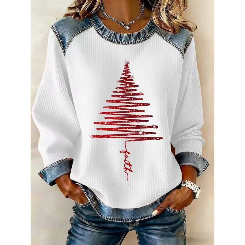 3D Print Colorblock Denim Collar Pullover Sweatshirt Women's Long Sleeve Loose Fit