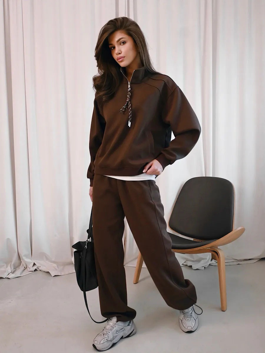 Women's Half-Zip Stand Collar Tracksuit with Drawstring Hoodie and Wide-Leg Pants