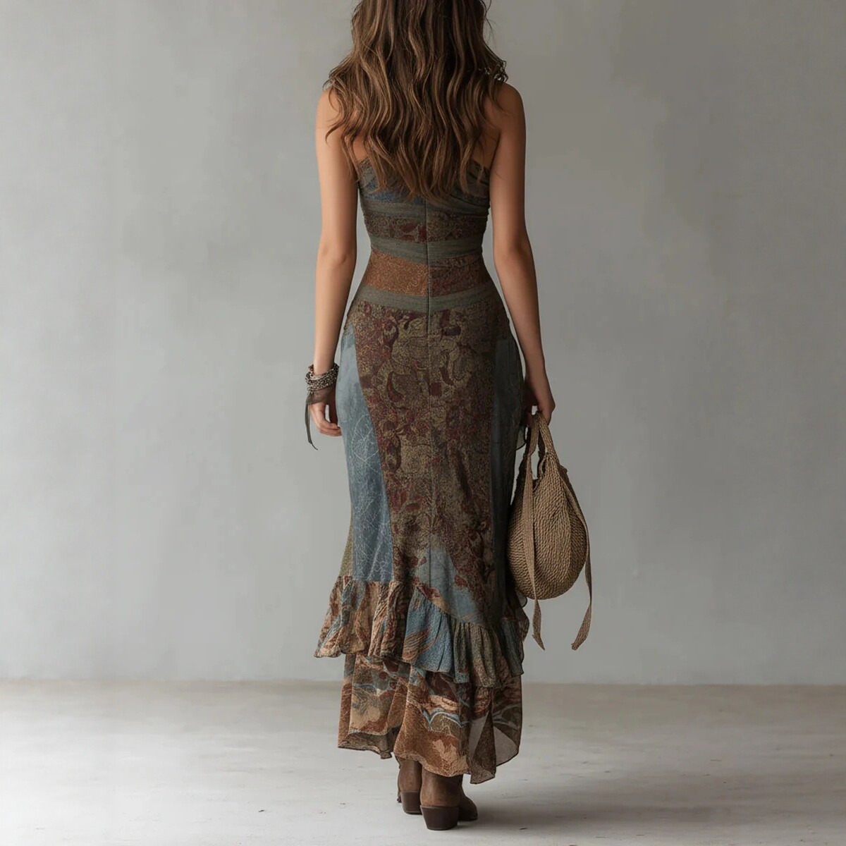 Retro Patchwork Print Asymmetric High Slit Bodycon Long Dress