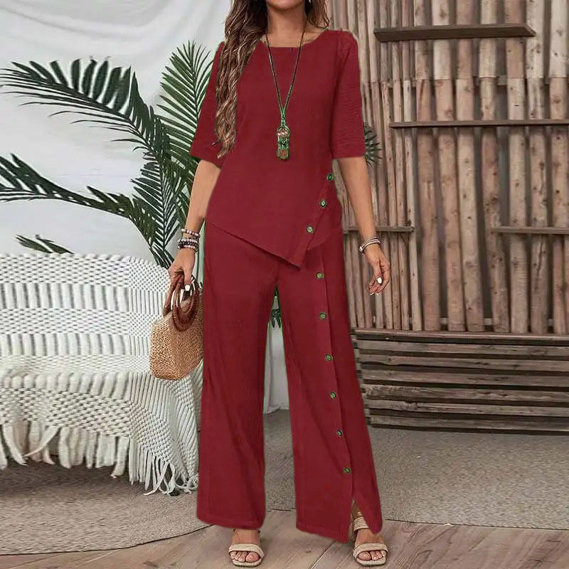 Women's Asymmetrical Hem Button Half-Sleeve Shirt and Pants Set