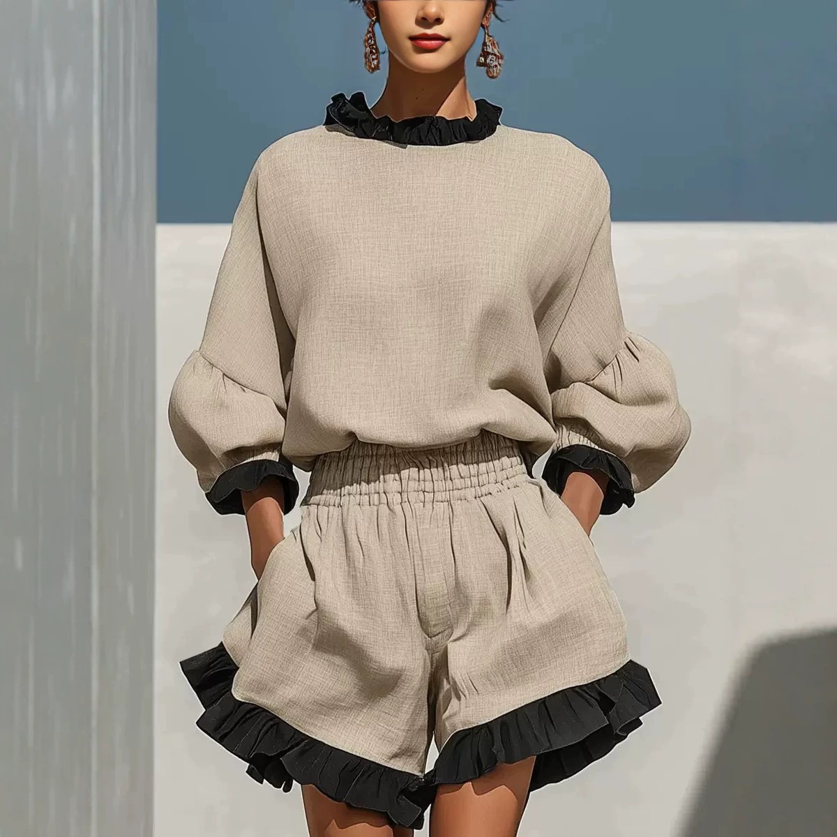 Ruffled Long-Sleeve Top & High-Waist Wide-Leg Ruffle-Hem Shorts Two-Piece Set