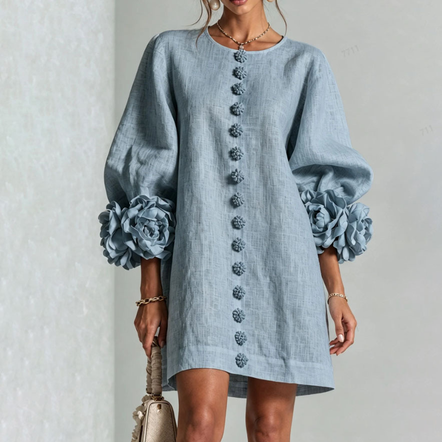 Women's French Style 3D Floral Lantern Sleeve Dress