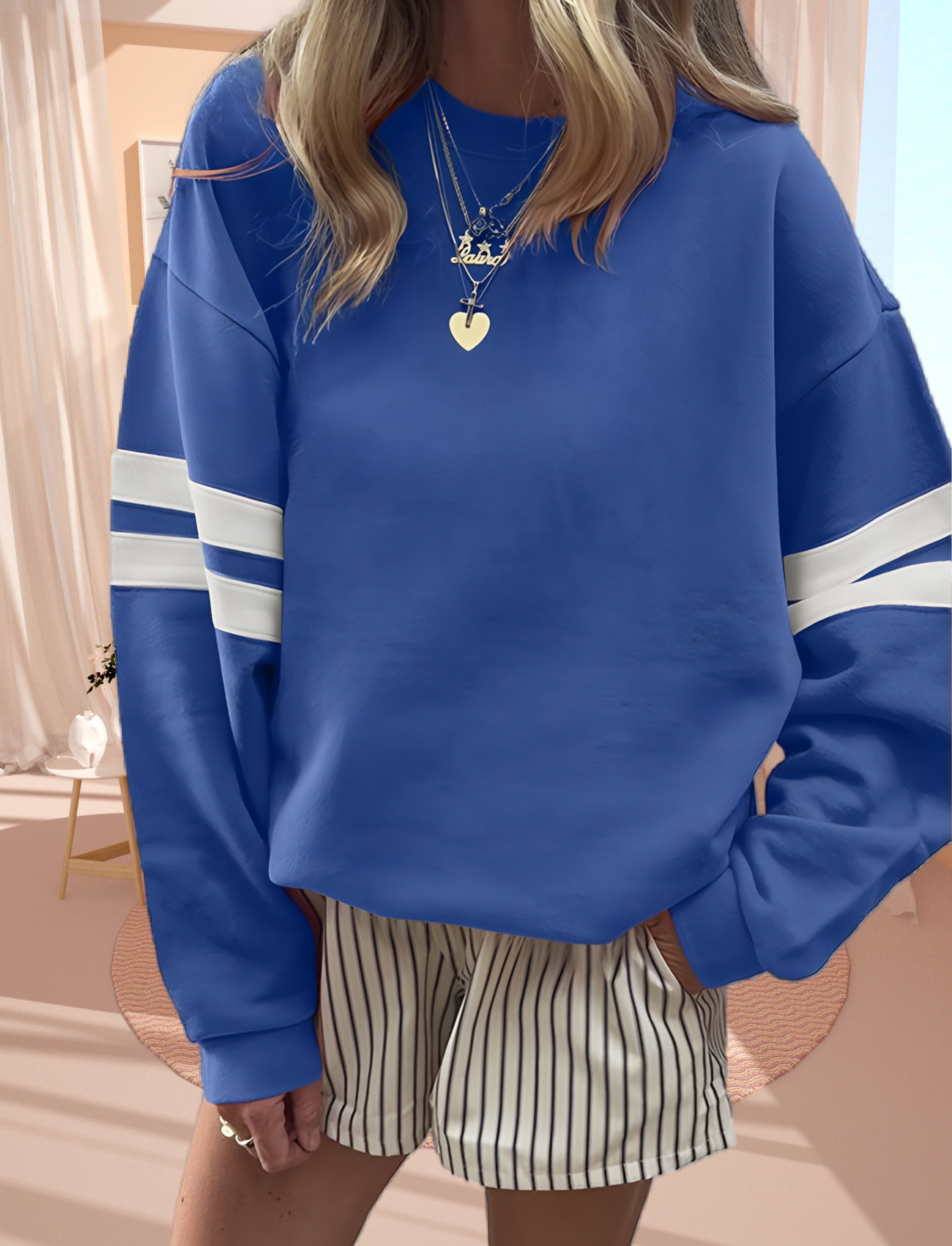 Women's Loose Striped Cotton Sweatshirt Long Sleeve Crewneck