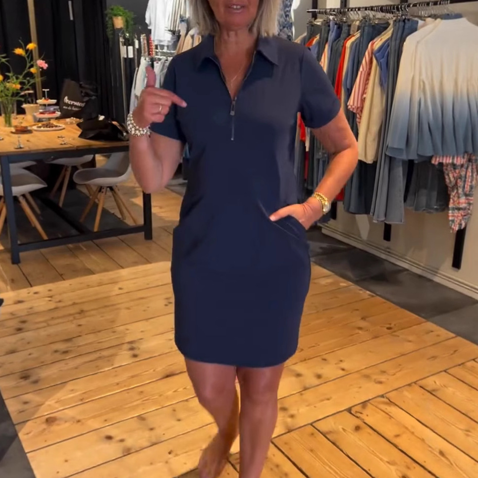 Women's Casual Short Sleeve Zip Front Solid Color Midi Dress with Collar