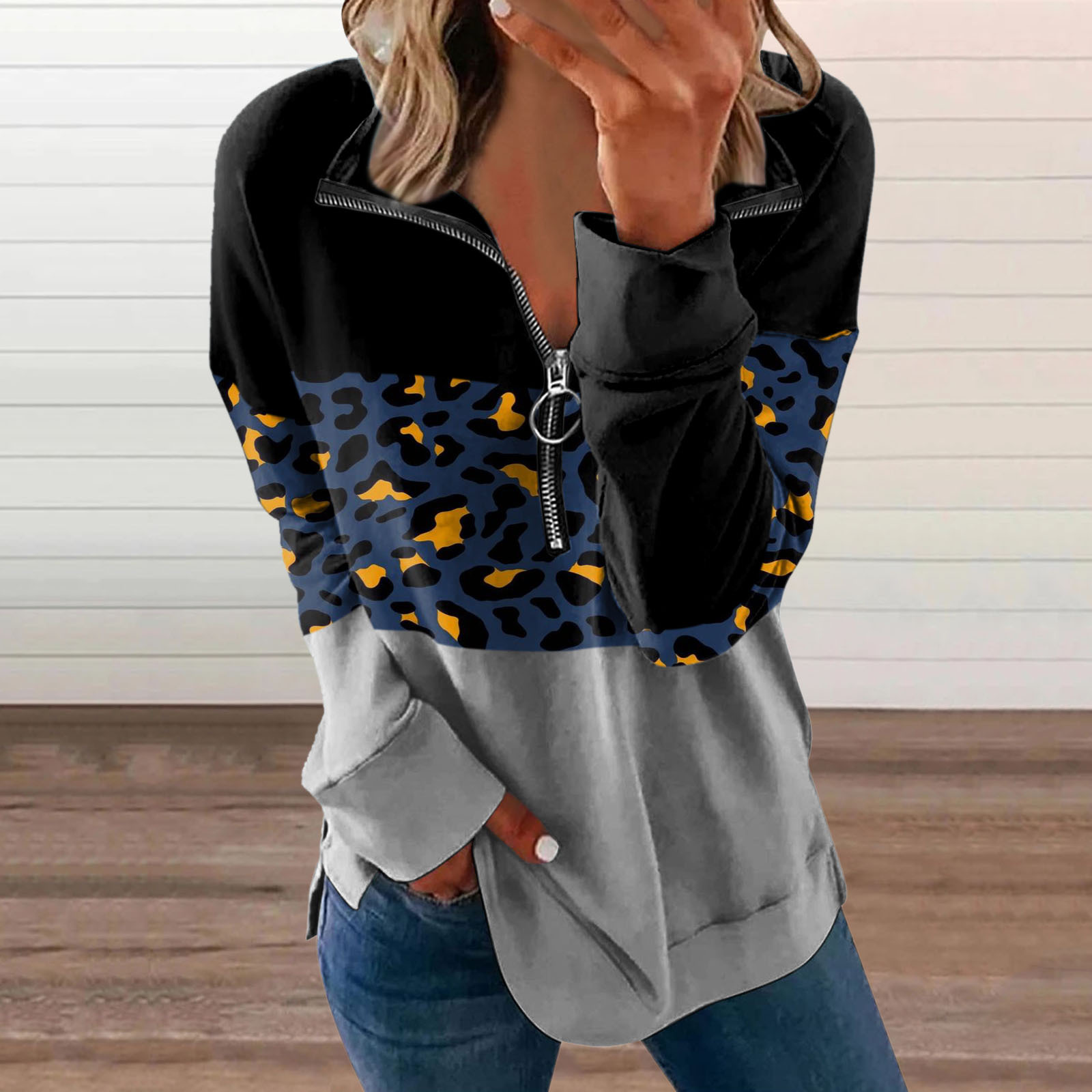 Women's Loose Fit Zip-Up Long Sleeve Printed Casual Top