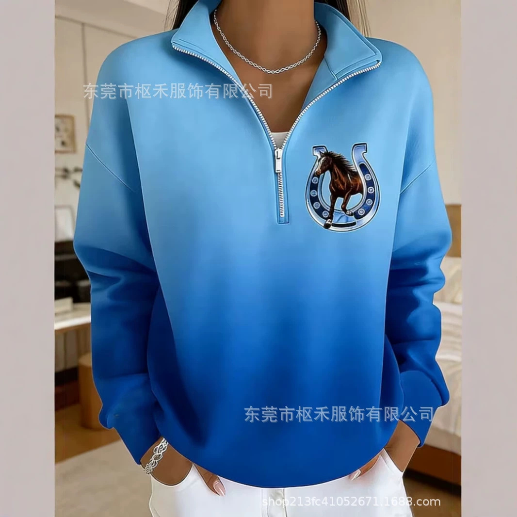 Women's Half-Zip Horse Track Print Hoodie