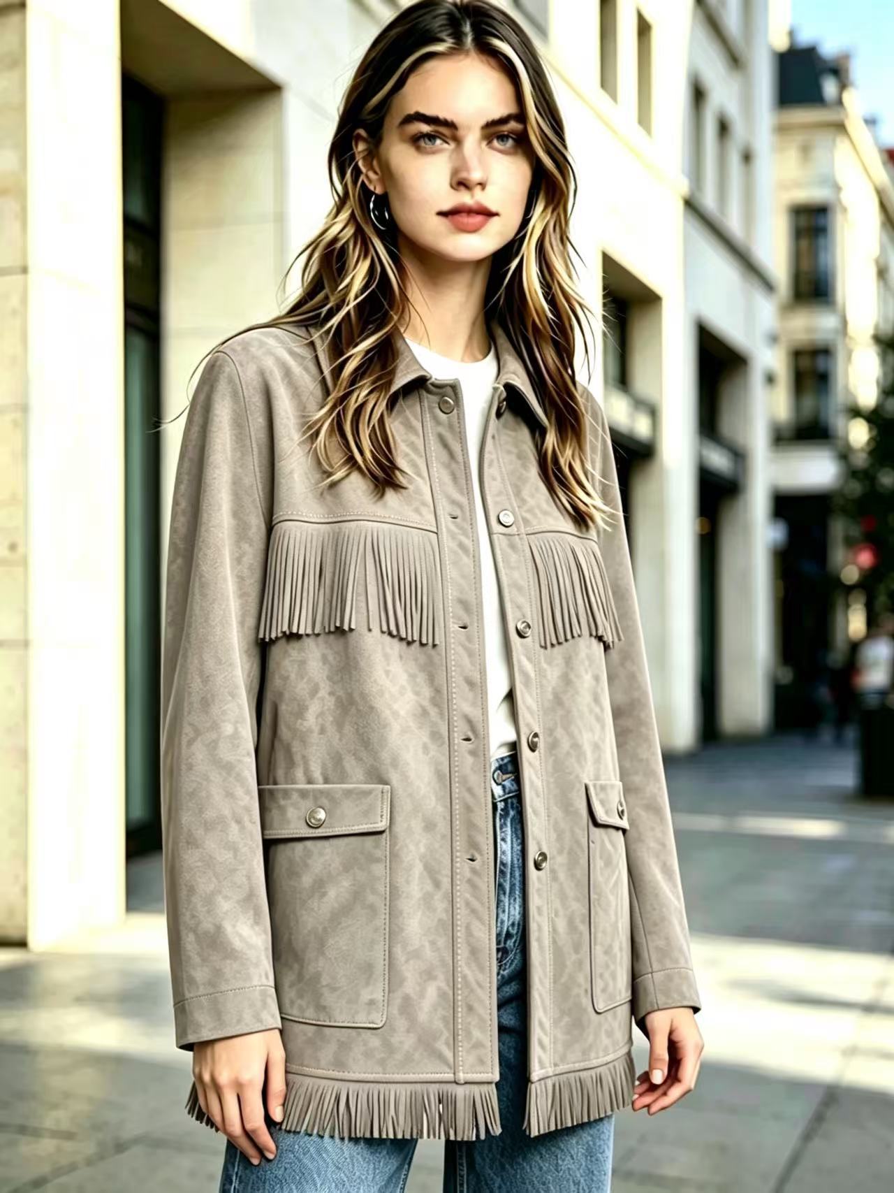 Fringe Faux Suede Jacket Women's Western-Style Collared Snap-Front Mid-Length Casual Coat