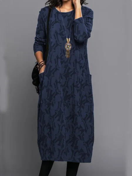 Women's Printed Round Neck Long Sleeve Pocket Dress