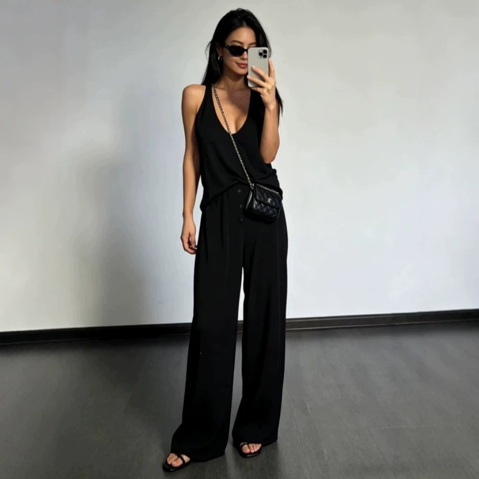 Women's Sleeveless Top and Straight-Leg Pants Two-Piece Set Solid Color