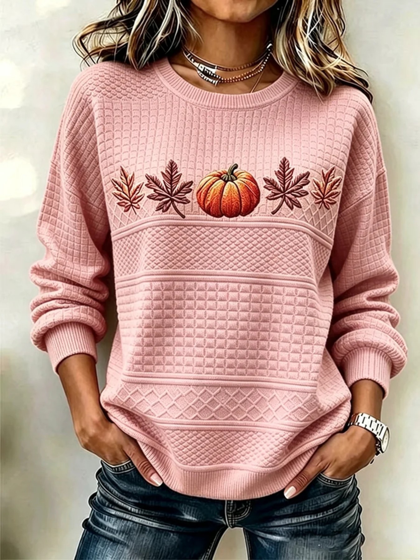 Pumpkin Maple Leaf Waffle Print Crewneck Long-Sleeve Women's Sweatshirt